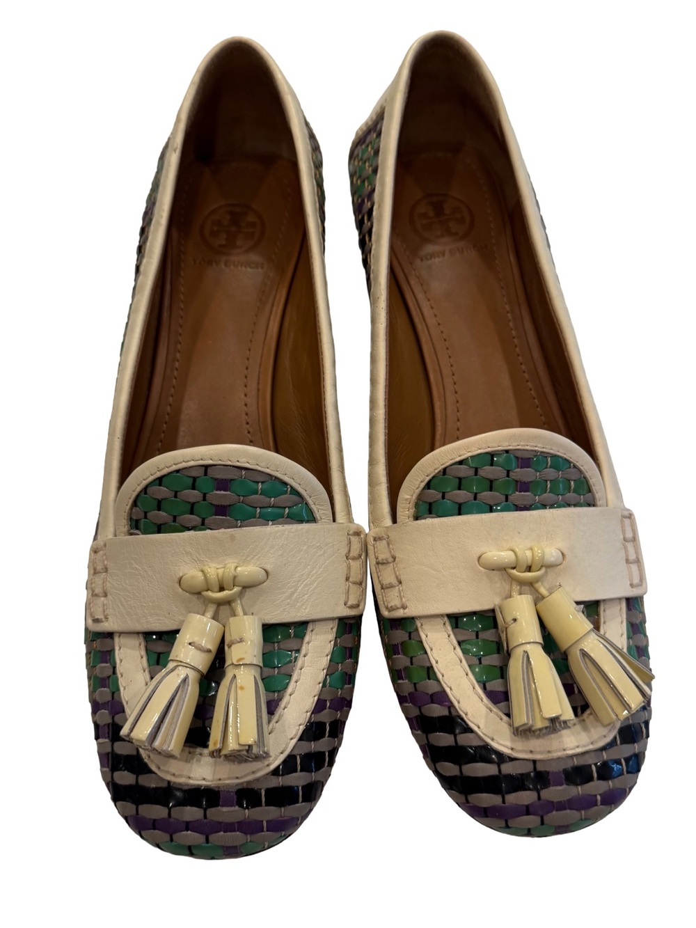 Tory Burch Multi Color Weaved Leather Block Heels Loafers Sz 9.5 Worn Once